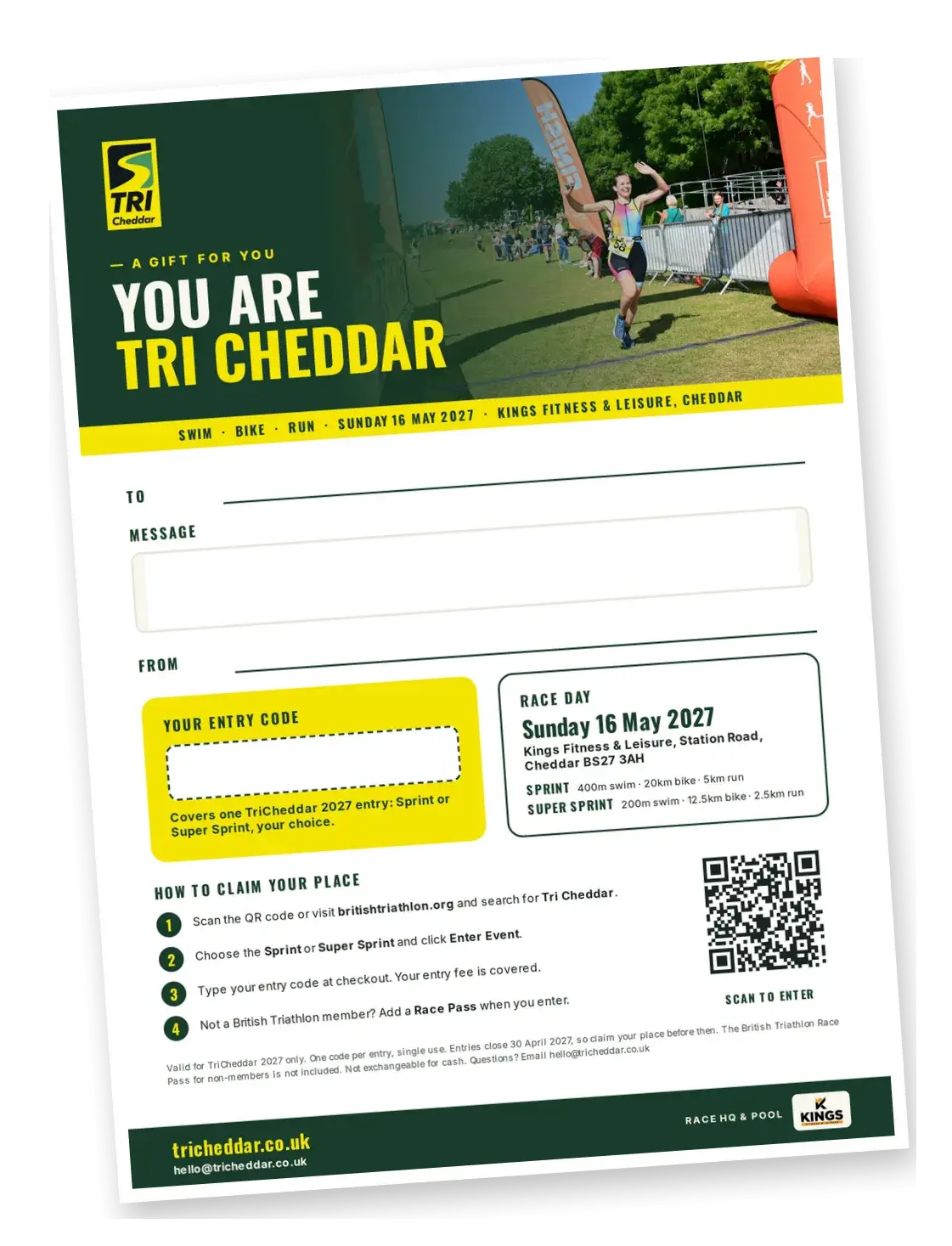 The printable TriCheddar gift card, with space for a name, message and unique entry code
