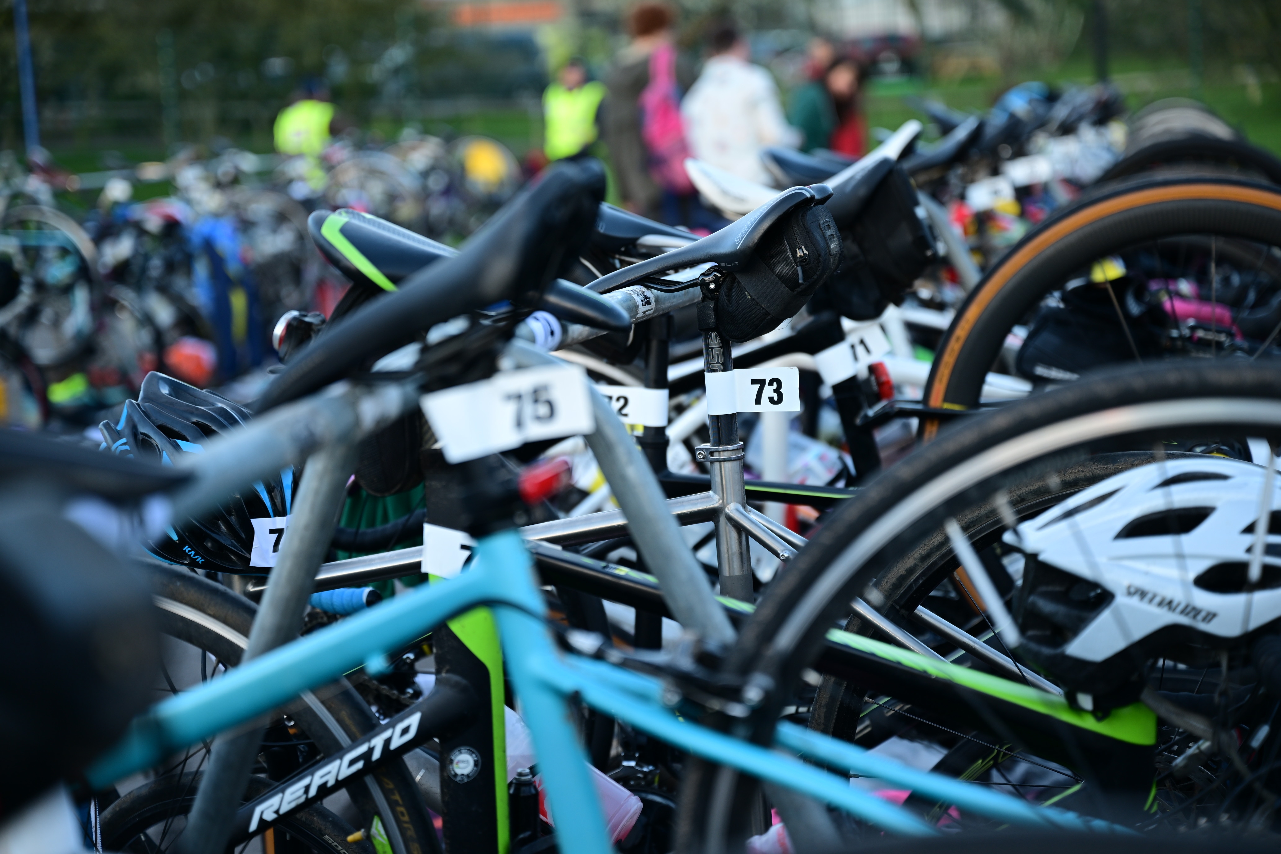 Bikes racked in the TriCheddar transition area before race start